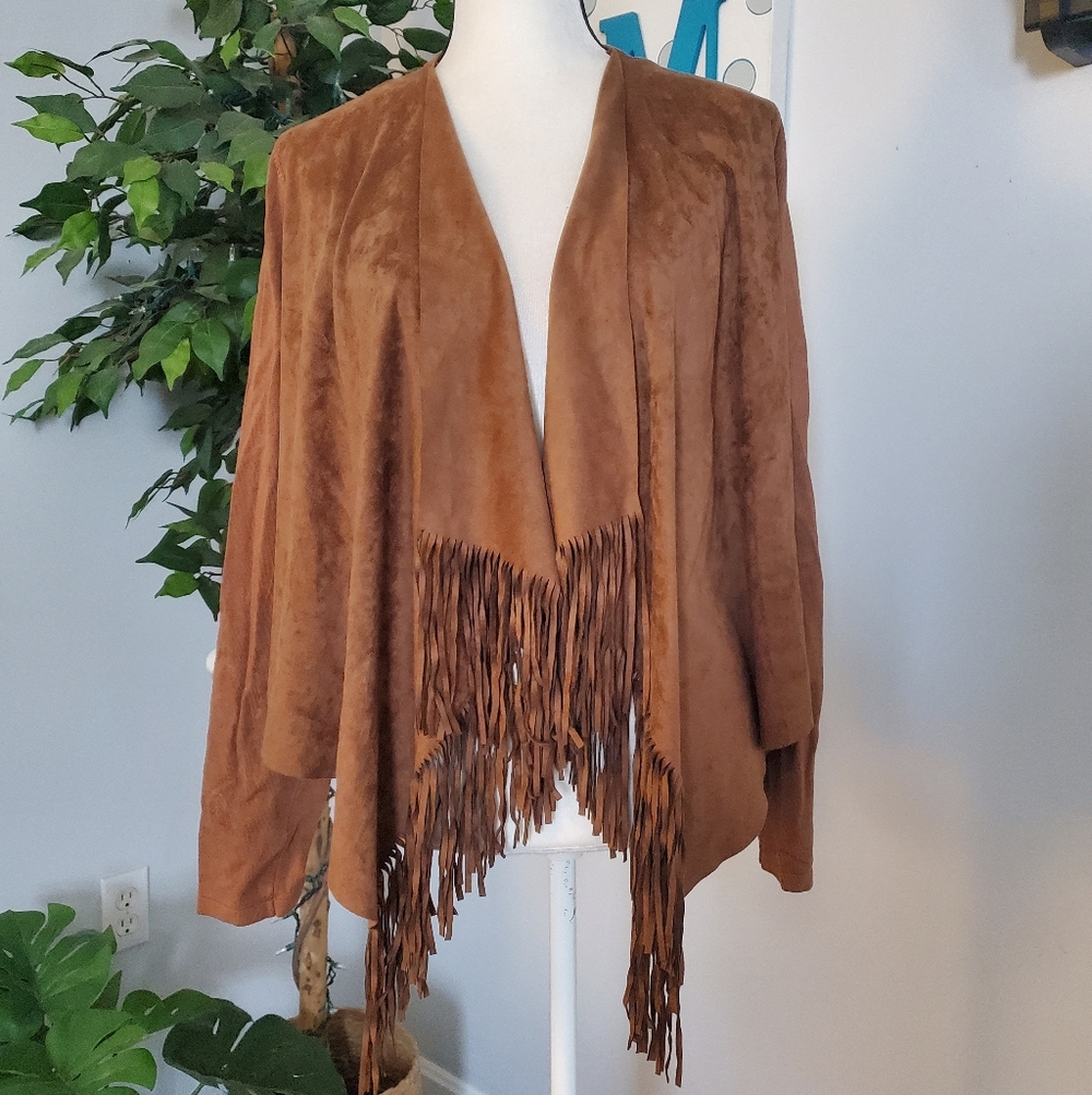INC Faux Suede Fringe Festival Cowgirl Western Cardigan XL